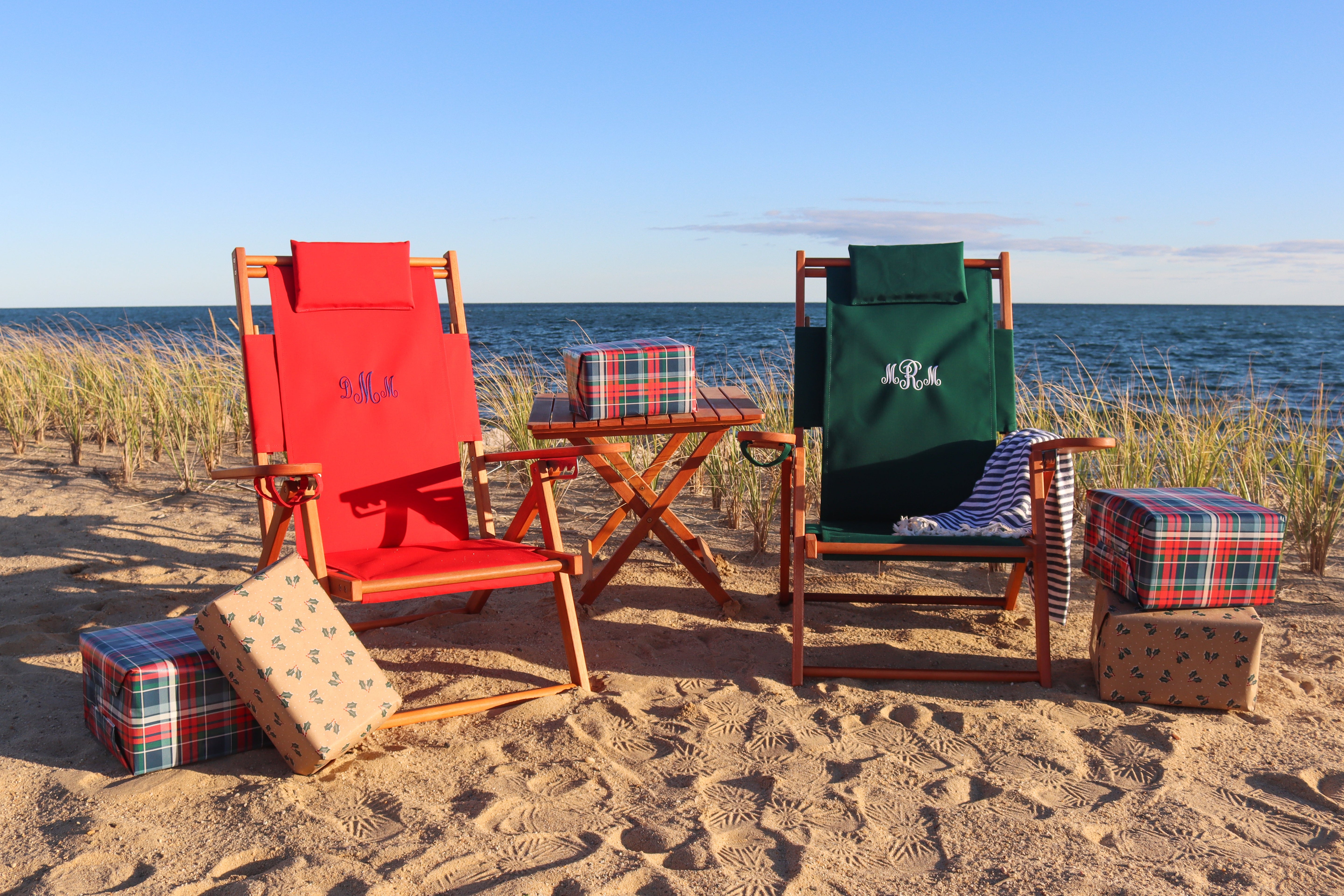 Red and Green Beach Chairs with Christmas Gifts