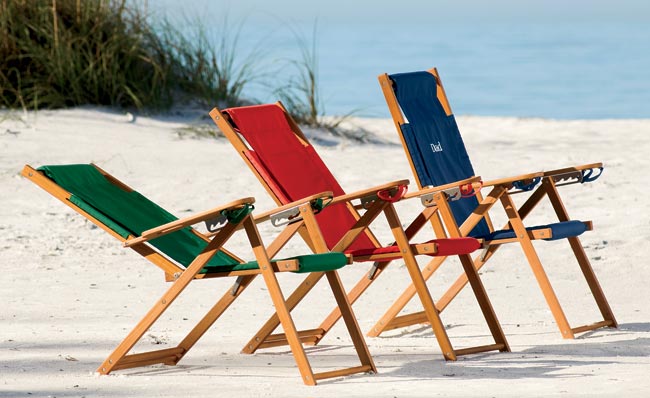 Our original best beach chairs with weather and water resistant fabric sit on a sandy Cape Cod beach