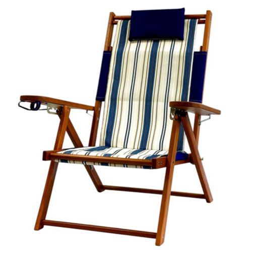 Blue White and Beige Striped Wooden Beach Chair with Navy Blue Pillow and Cupholder