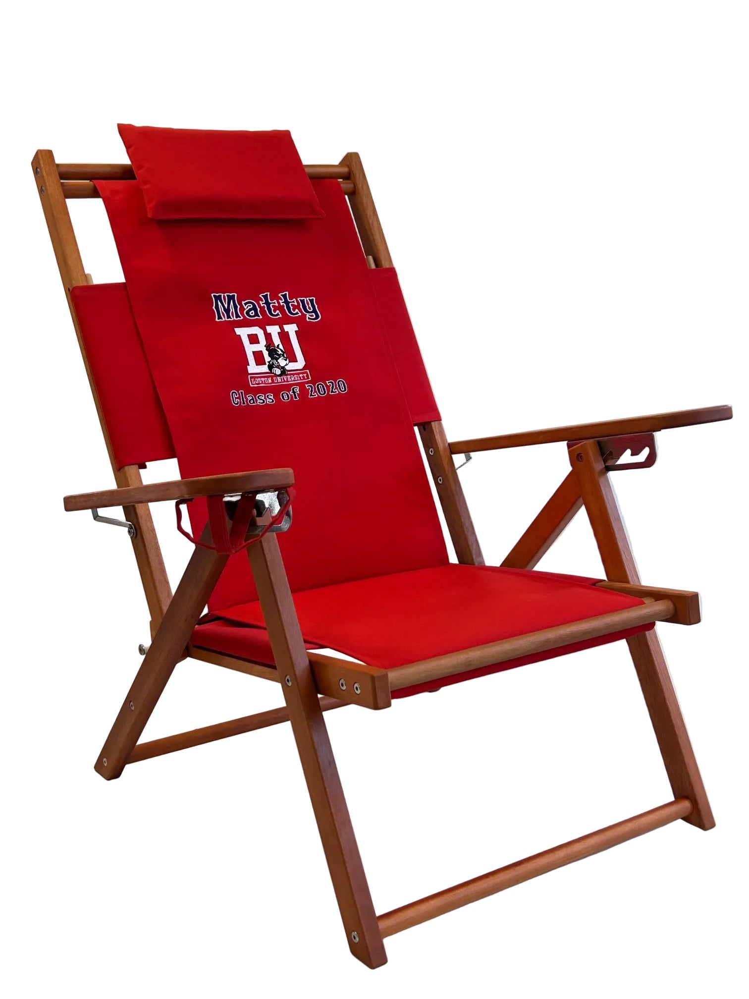 A BU Terriers hockey chair with logo that is personalized with a name and graduation date.