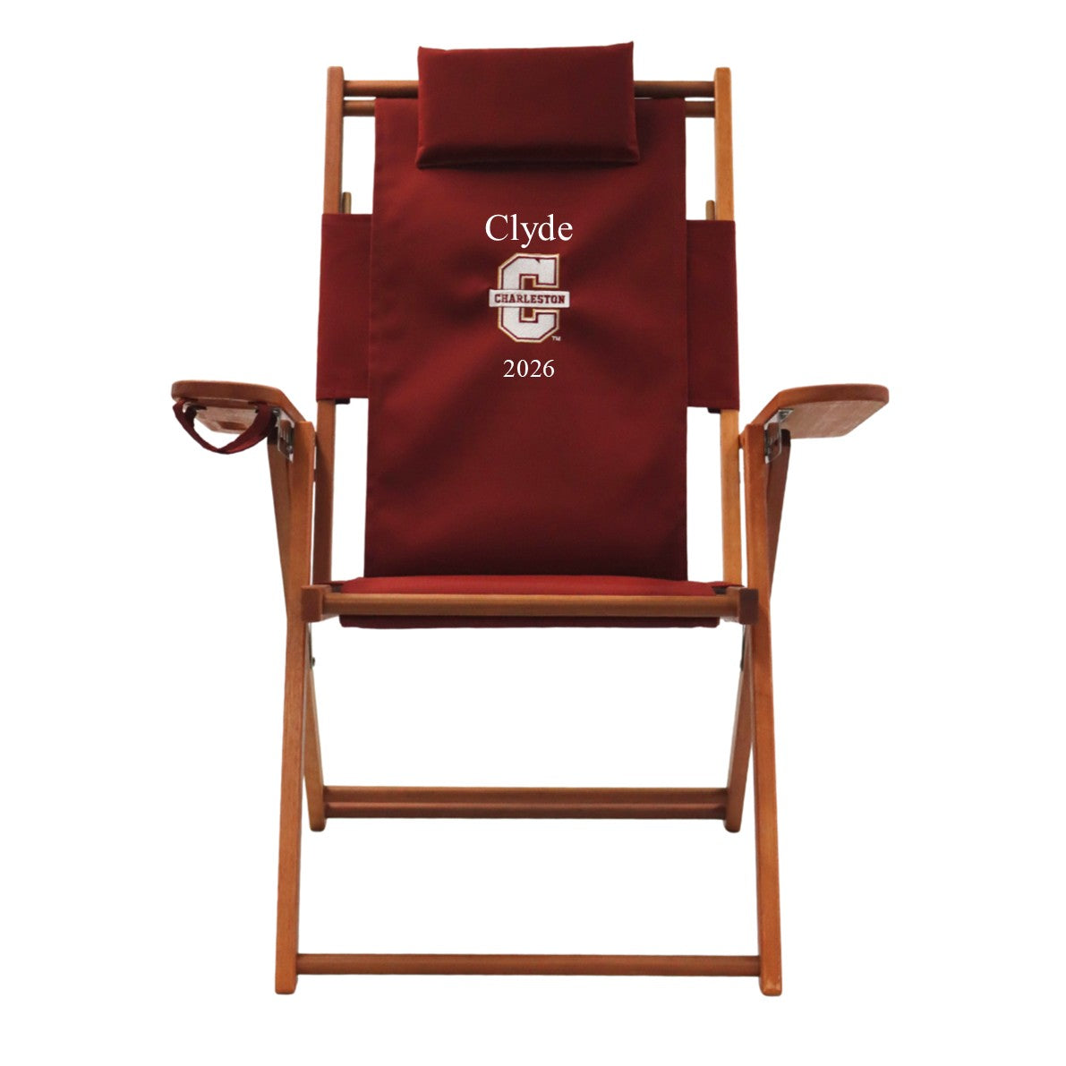 A wood and canvas College of Charleston alumni captain's chair customized with name and graduation year.