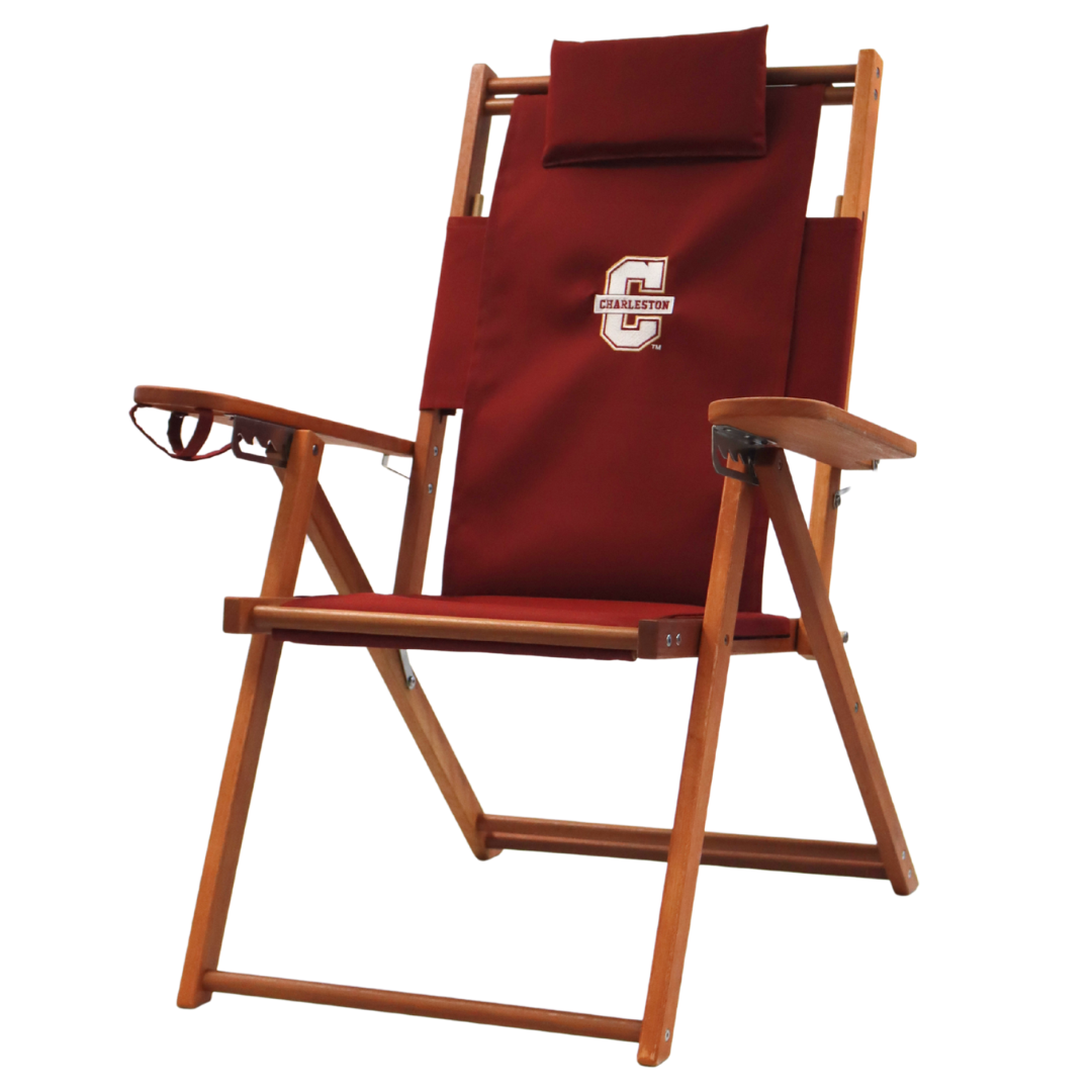 A tall wood and canvas tailgate and deck chair with the College of Charleston logo.