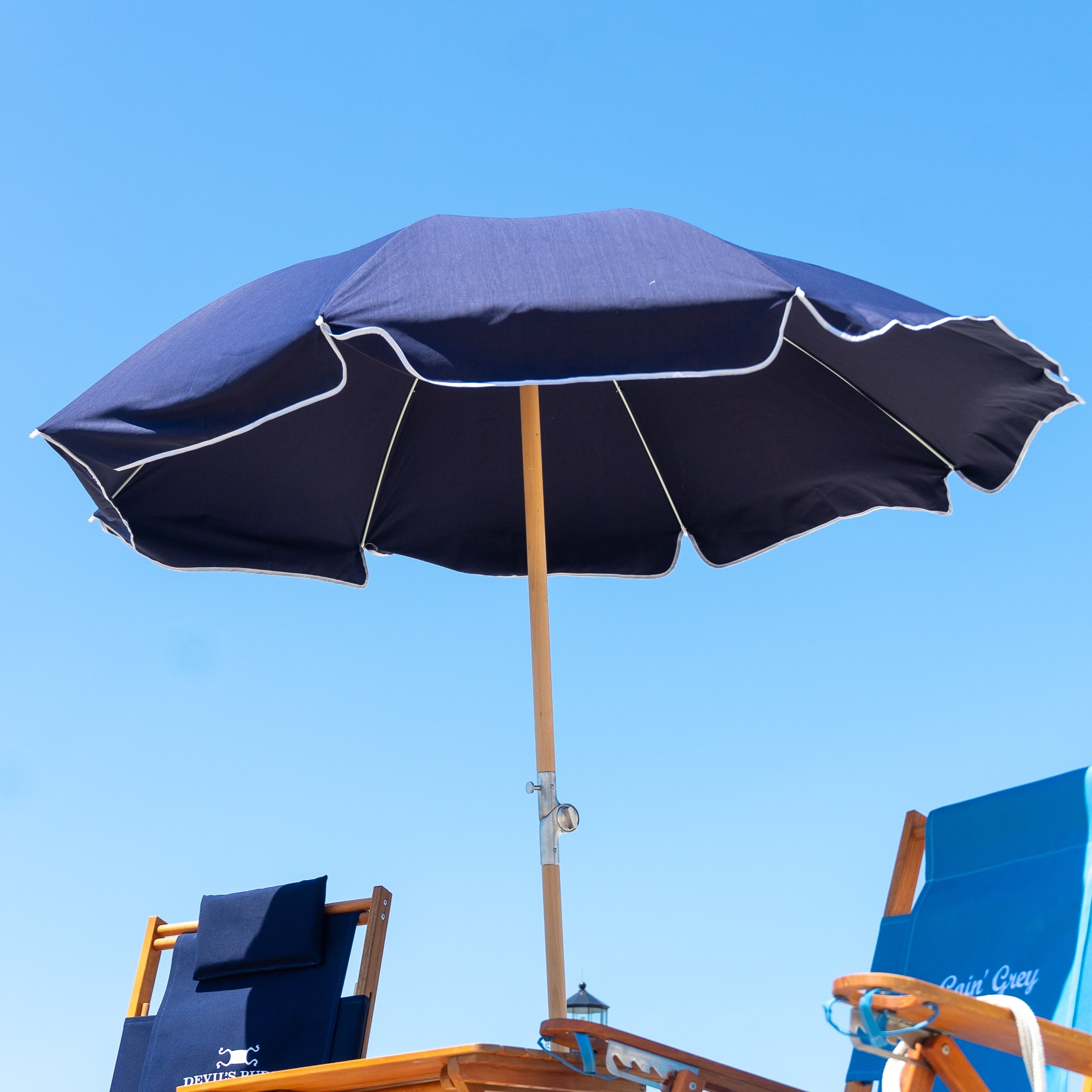 Premium beach umbrella with wood beach chairs