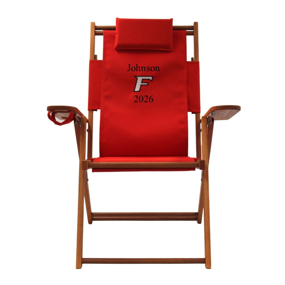 A red Fairfield University alumni captains chair with a custom name and year.