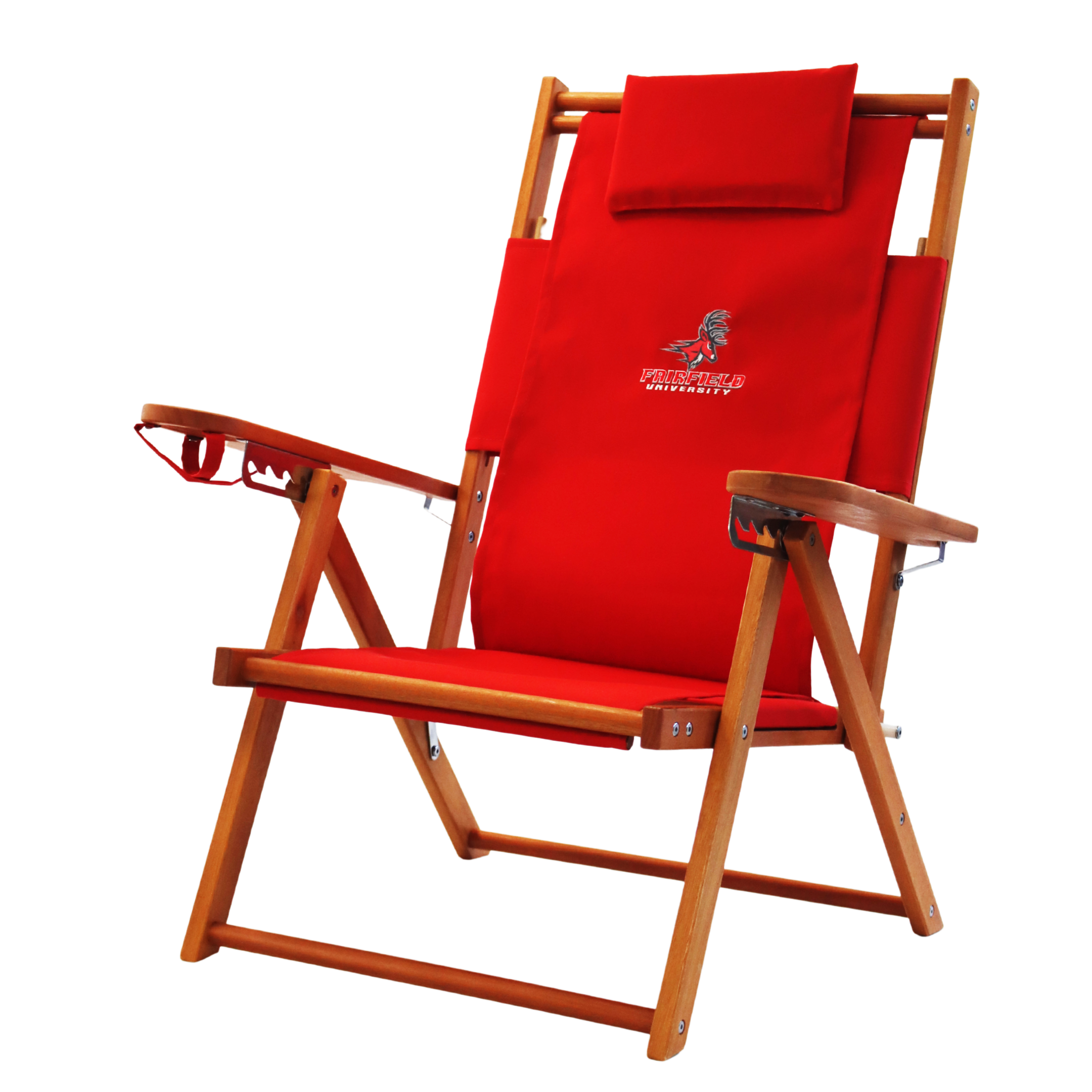 Red beach chair with Fairfield University stag logo