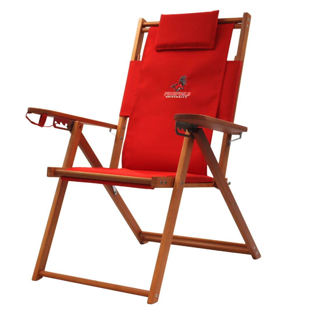 Tall red Fairfield University beach and deck chair.
