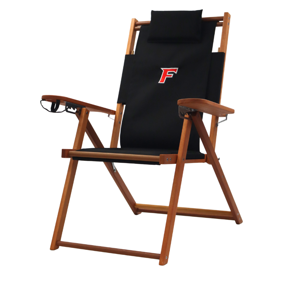 A black wood and canvas tailgating chair with the Fairfield University logo on the front.