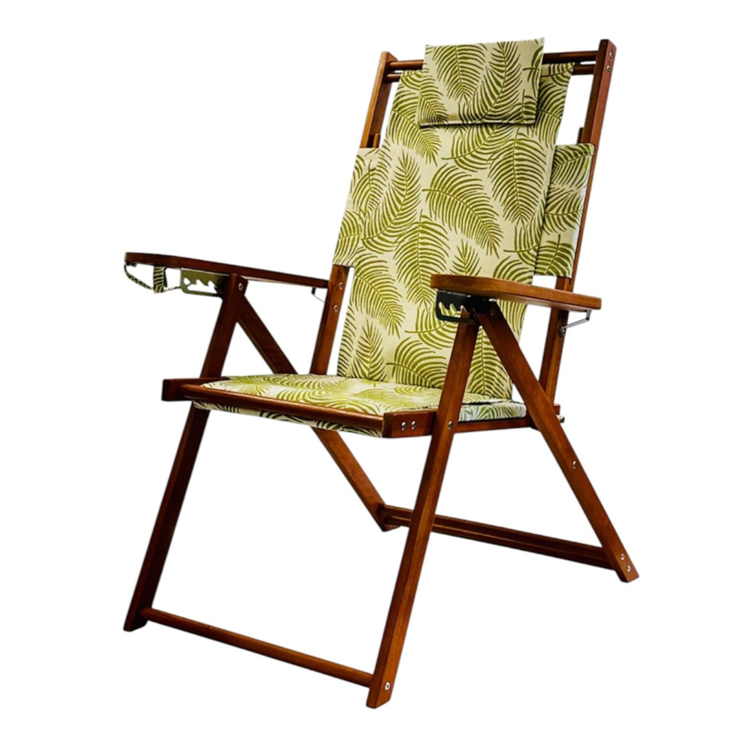Tall Wood Beach Chair with Green Palm Fabric