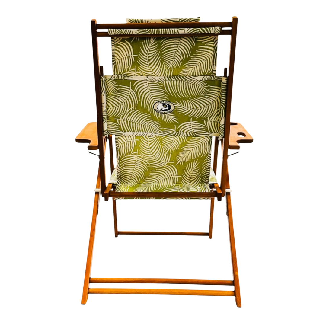 Tall Wood Beach Chair with Green and White Palm Pattern Seat