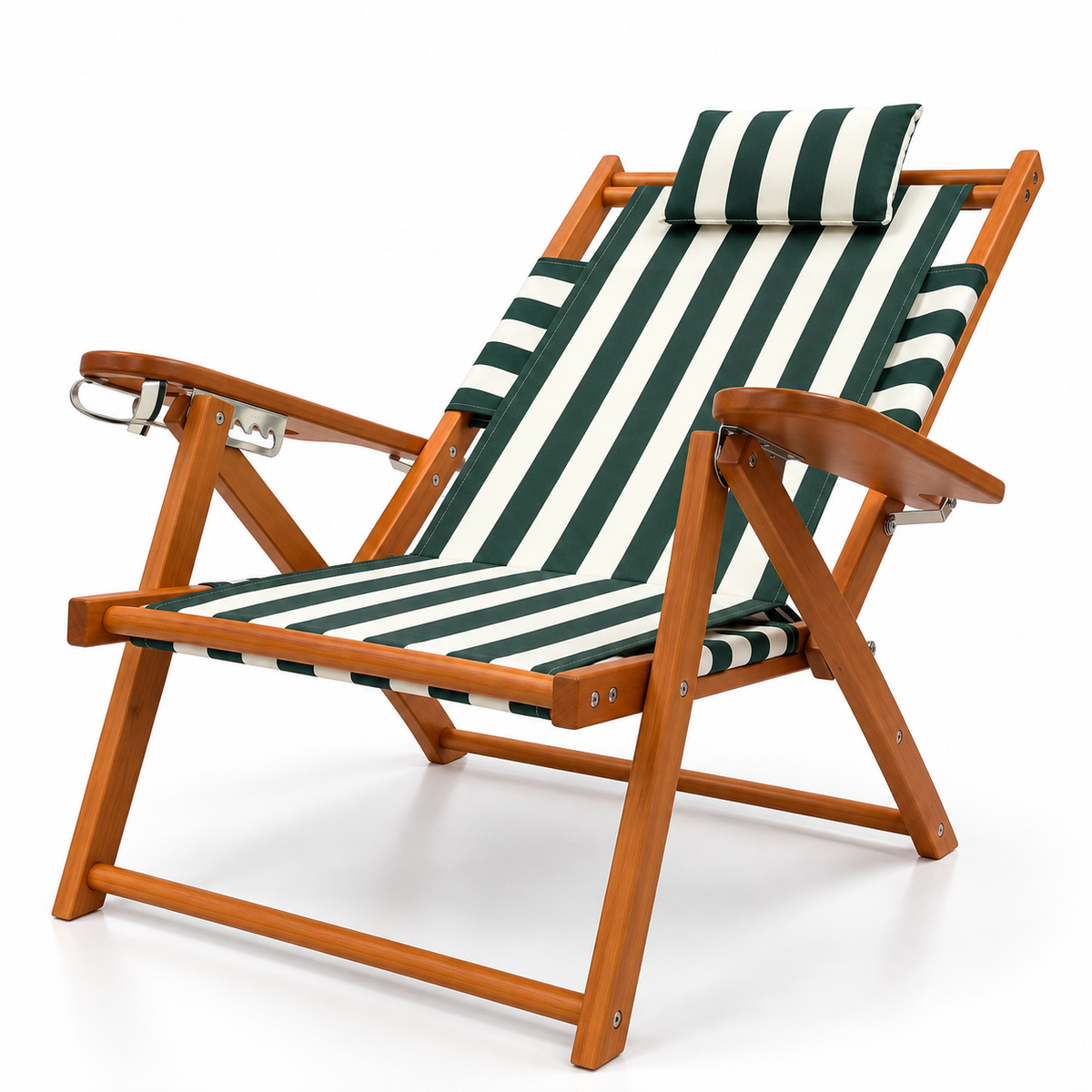 Green and white striped wooden beach chair reclined on a white background.