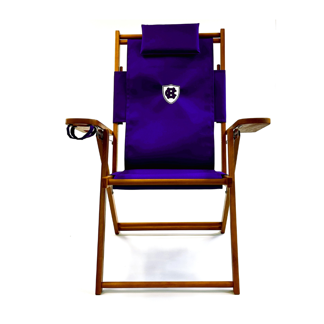 Personalized College Logo Wood Beach Chair with Holy Cross Logo Custom Embroidered on Purple Canvas Seat