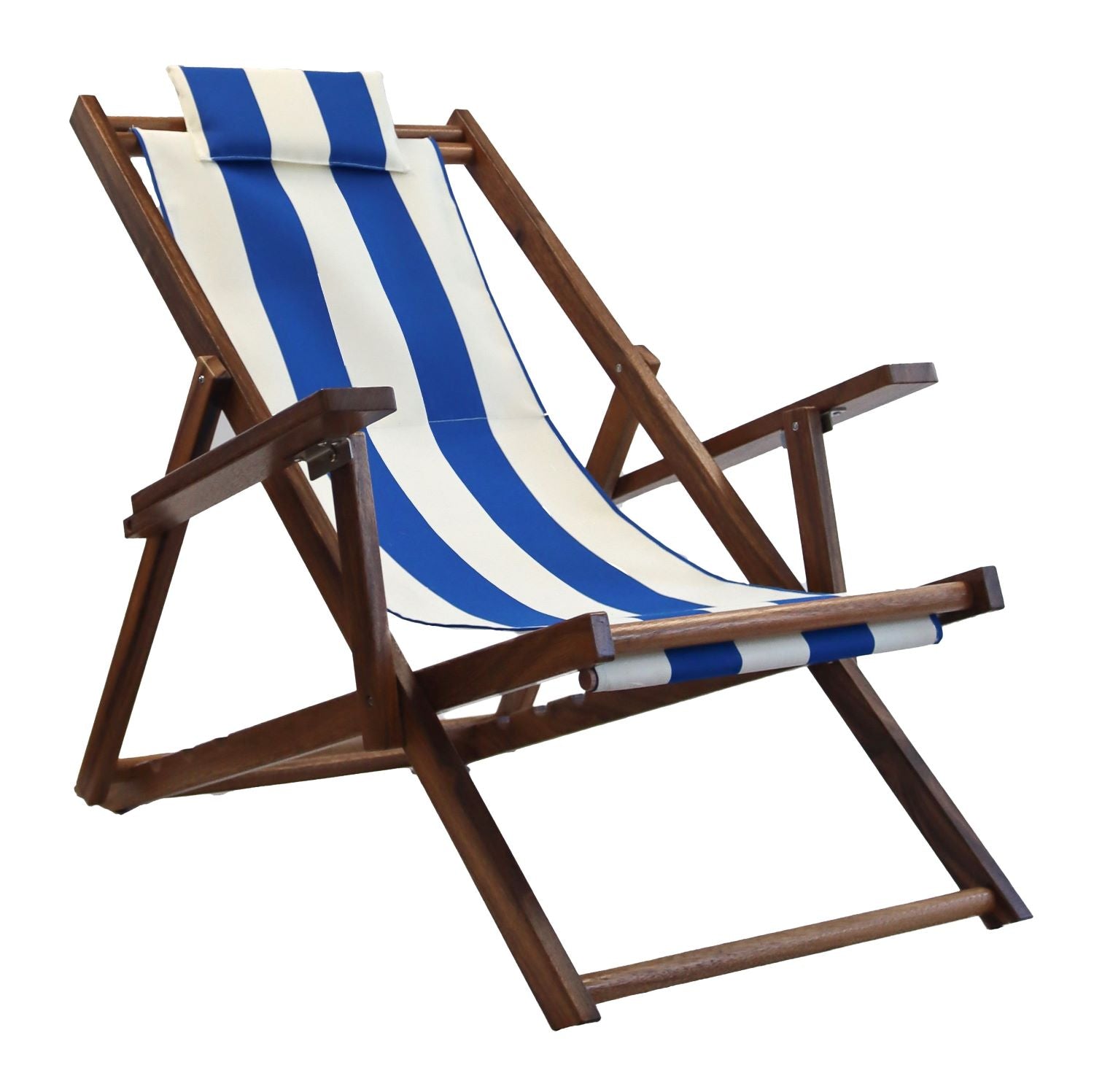 Blue and white striped reclining wood beach sling chair with armrests and pillows