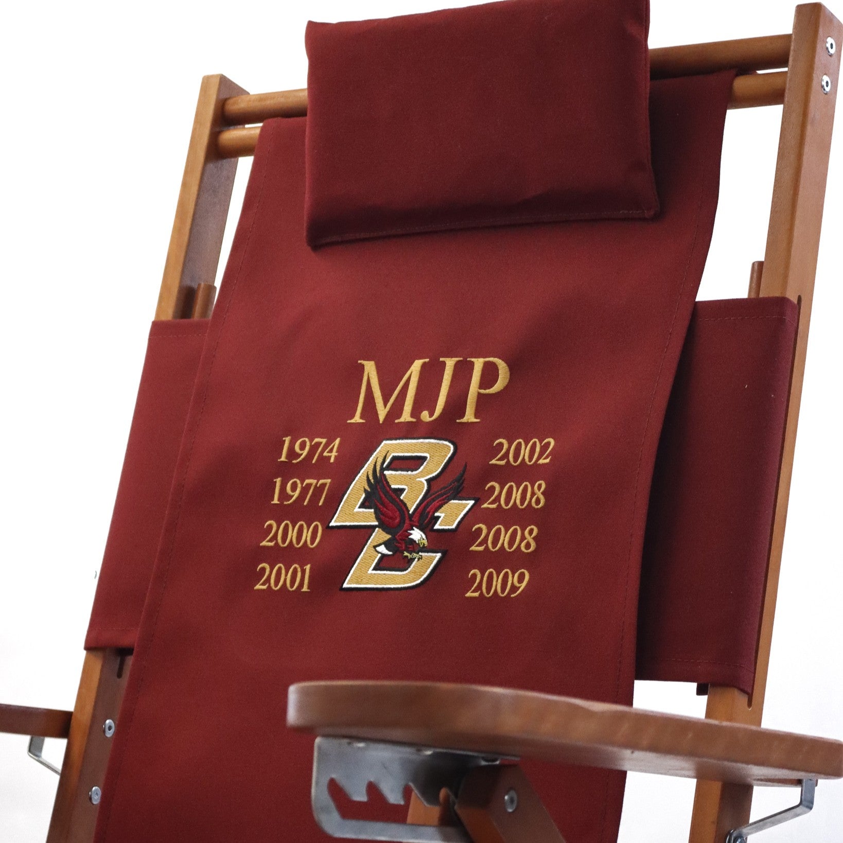 Boston College maroon personalized alumni gift chair with custom name and date embroidery