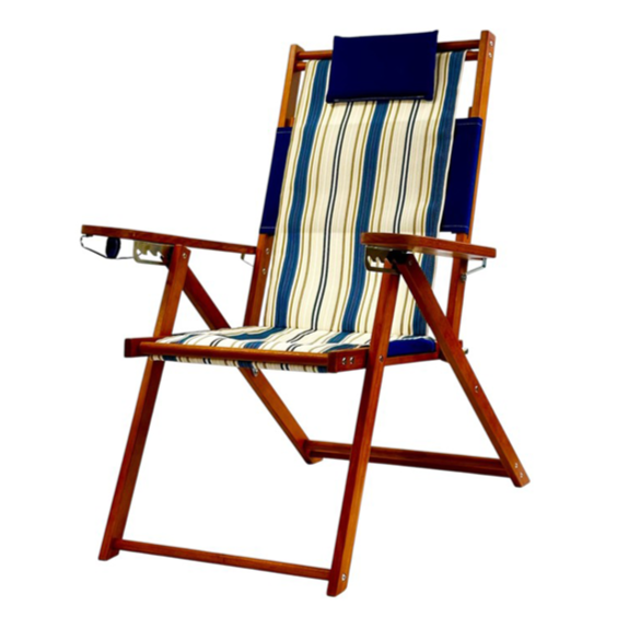 Tall Blue White and Beige Striped Wooden Beach Chair with Navy Blue Pillow and Cupholder