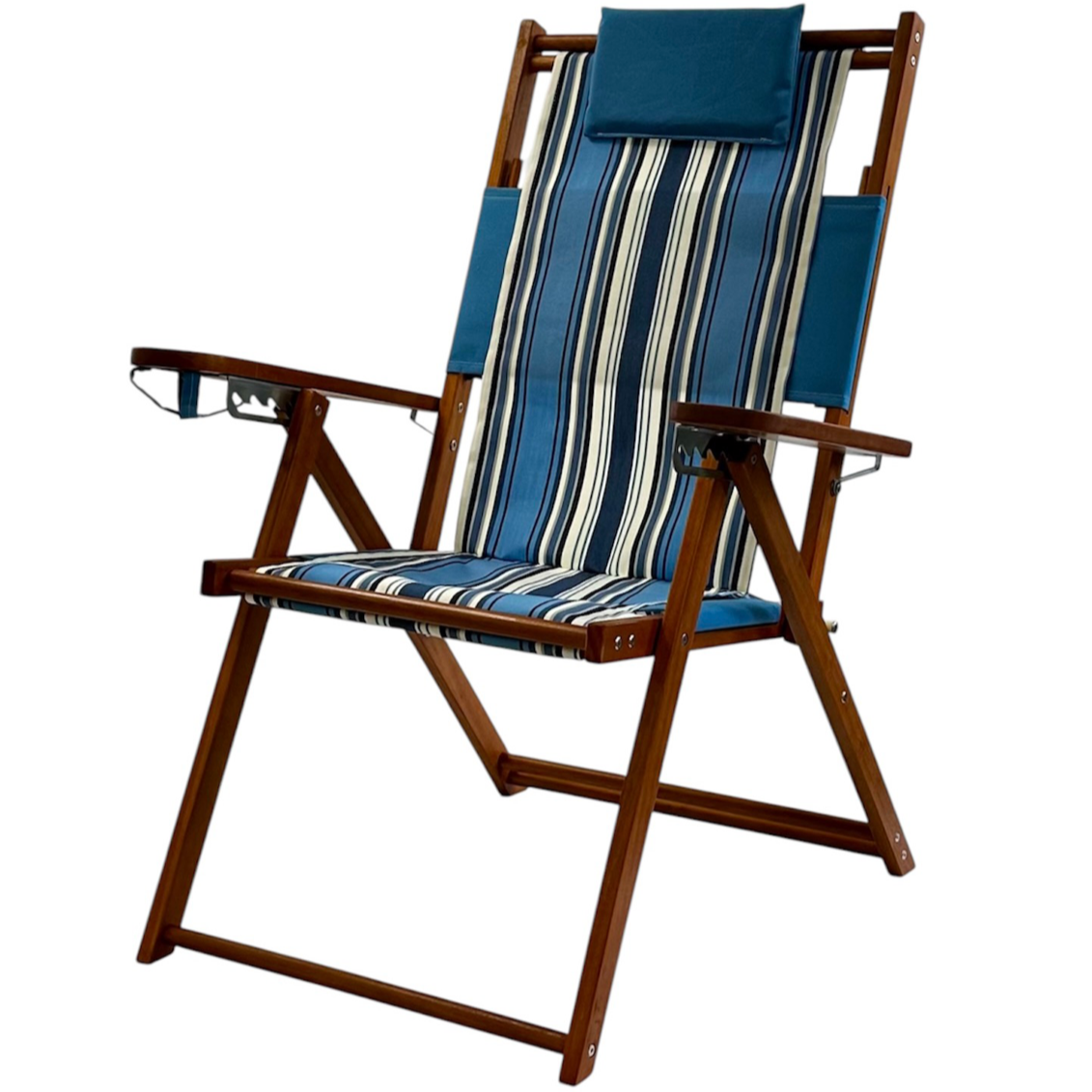 Blue Striped Wooden Beach Chair with Light Blue Pillow and Cupholder