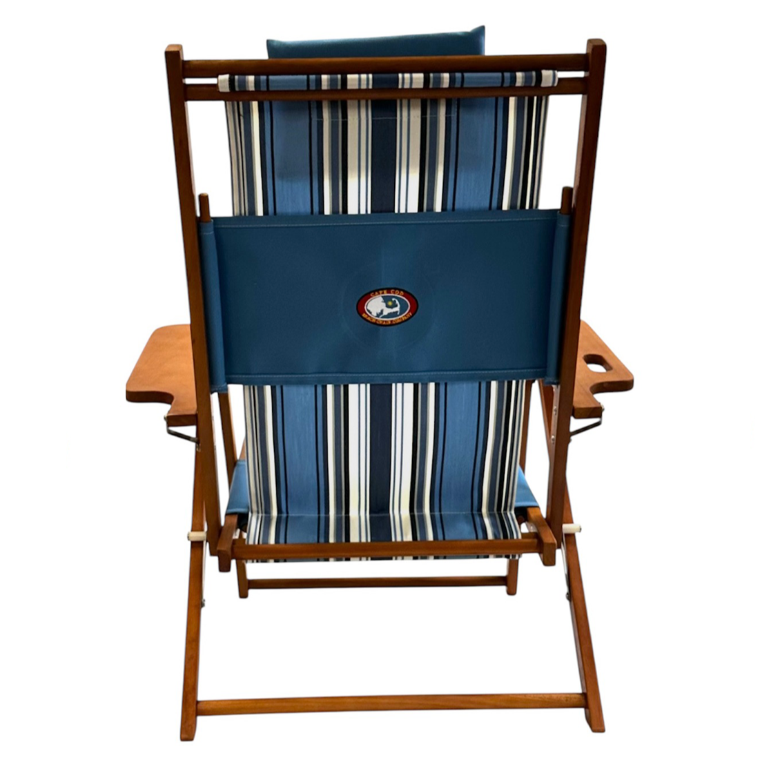 Blue Striped Wooden Beach Chair with Cape Cod Beach Chair Logo Embroidery