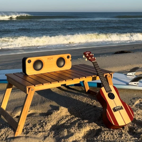 Folding Teak Picnic Beach Table with Ukulele and Crashing Waves