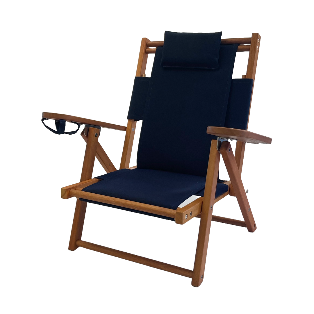Navy Blue Wooden Children's Folding Beach Chair with Custom Personalized Embroidery