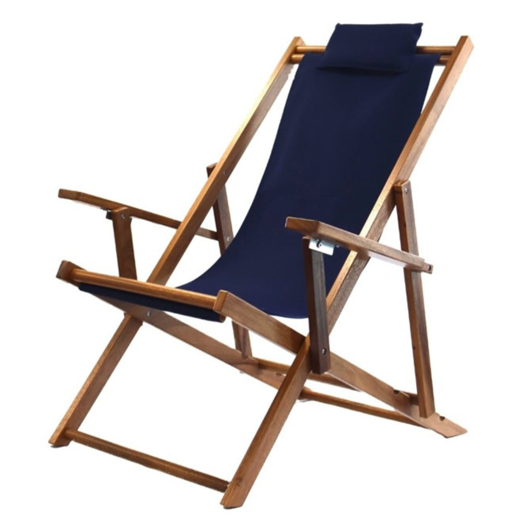 Navy Wood Sling Beach Chair with Armrests and Pillow