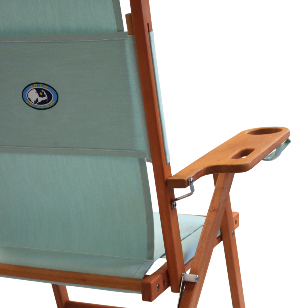 Wooden chair with a seafoam canvas and cupholder