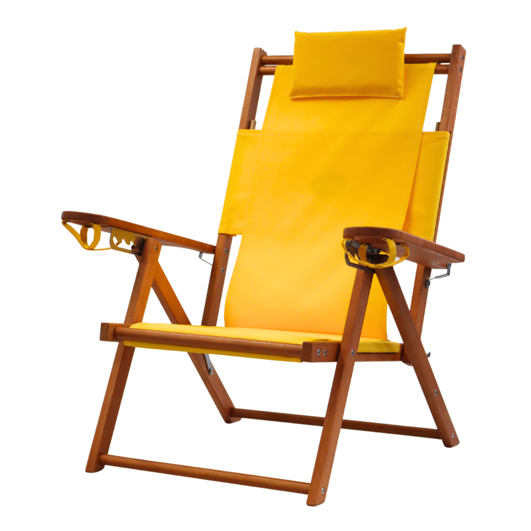 Yellow beach chair with wooden frame on a white background