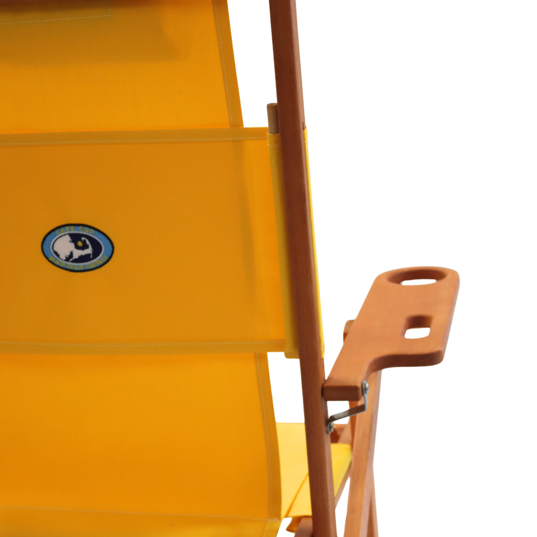 Yellow beach chair with a logo on a white background