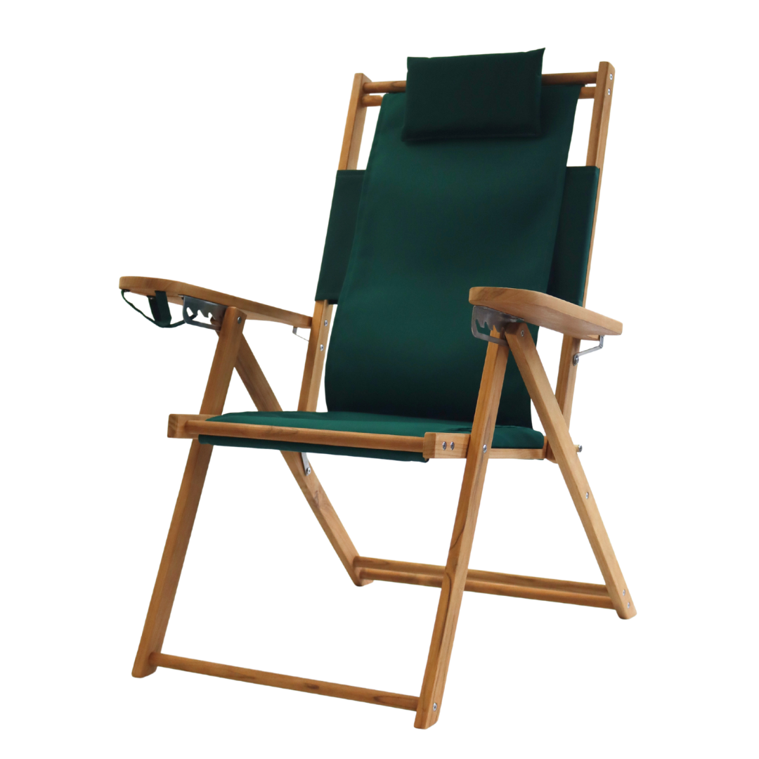 Green deck chair with wooden frame on a white background