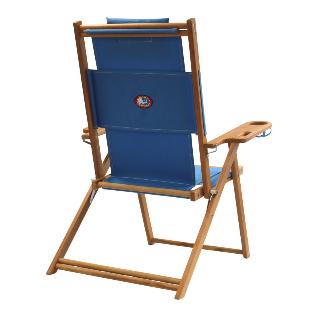 Blue deck chair with teak wood frame