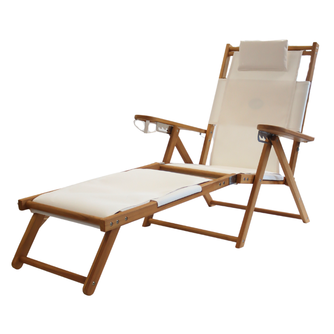 Wooden lounge chair with pillow and footrest attachment