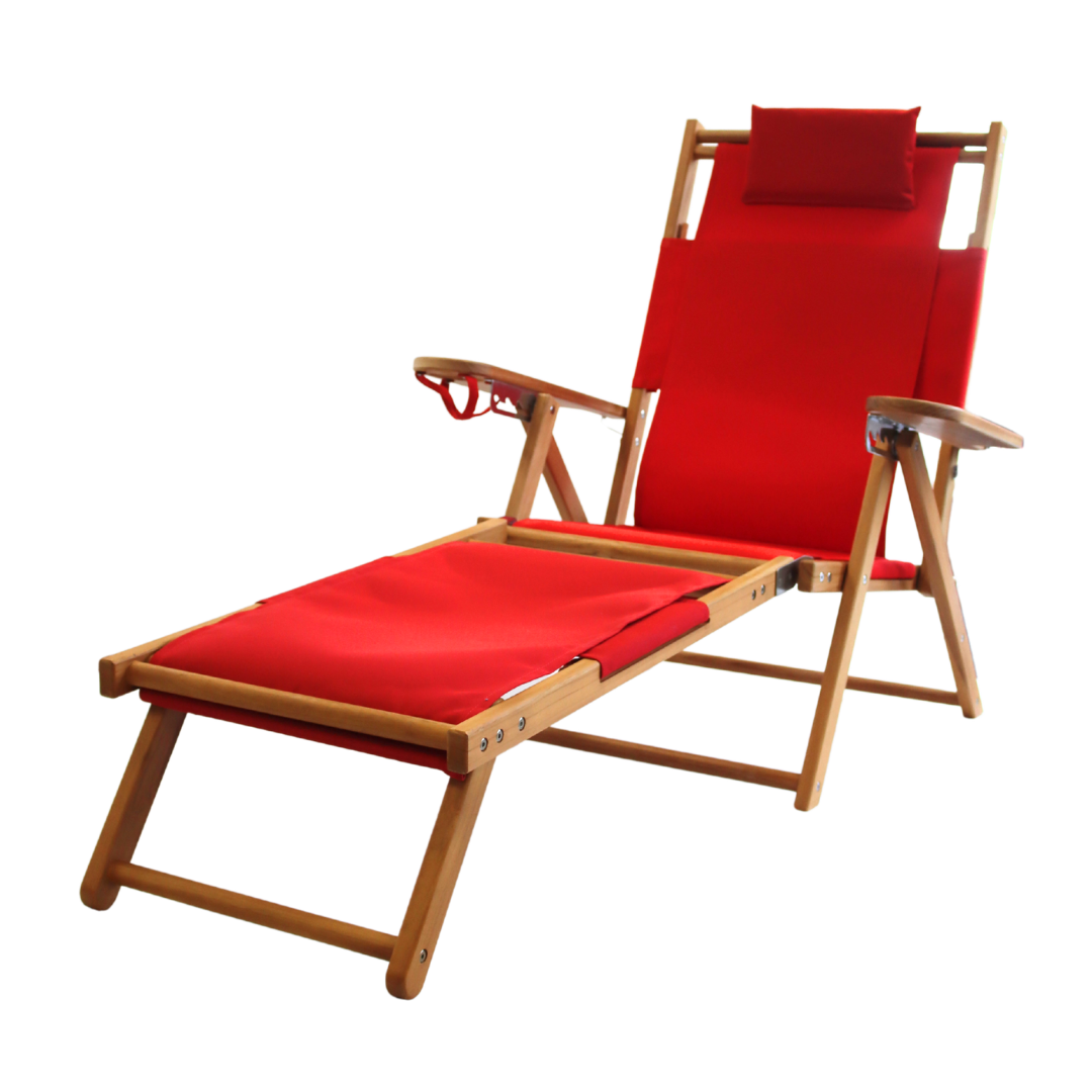 Red lounge chair with wooden frame on a white background