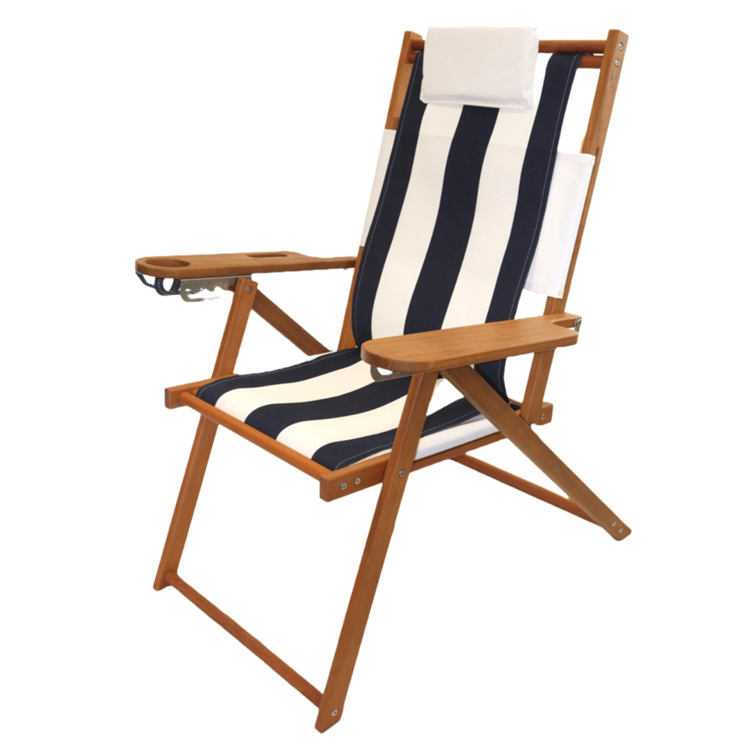 Navy Blue and White Cabana Striped Wood Beach Chair
