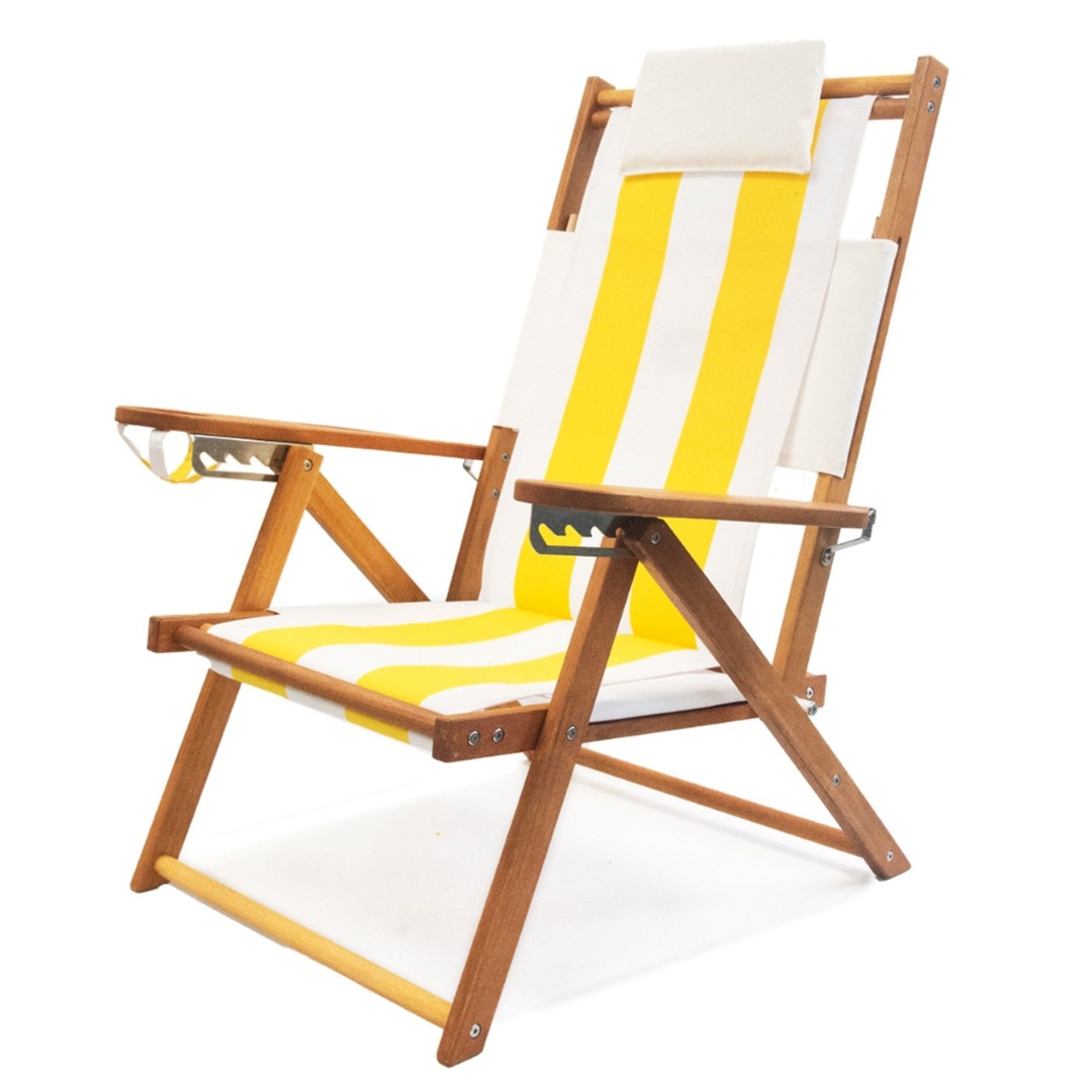 Yellow and White Cabana Striped Beach Chair Recliner with Pillow and Cupholder