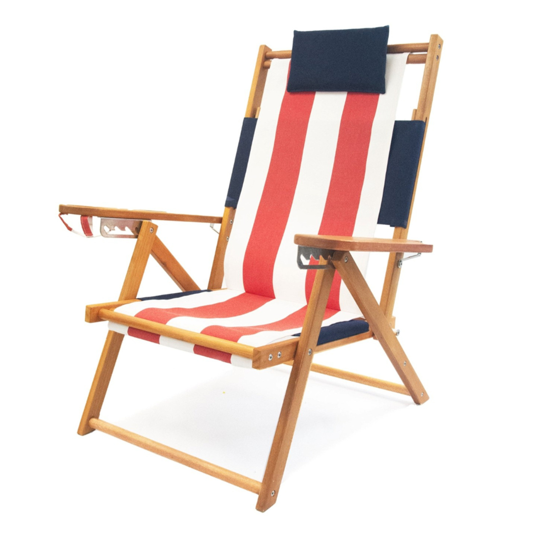 Custom All American Wood Beach Chair with Red and White Striped Canvas Seat and Navy Blue Pillow