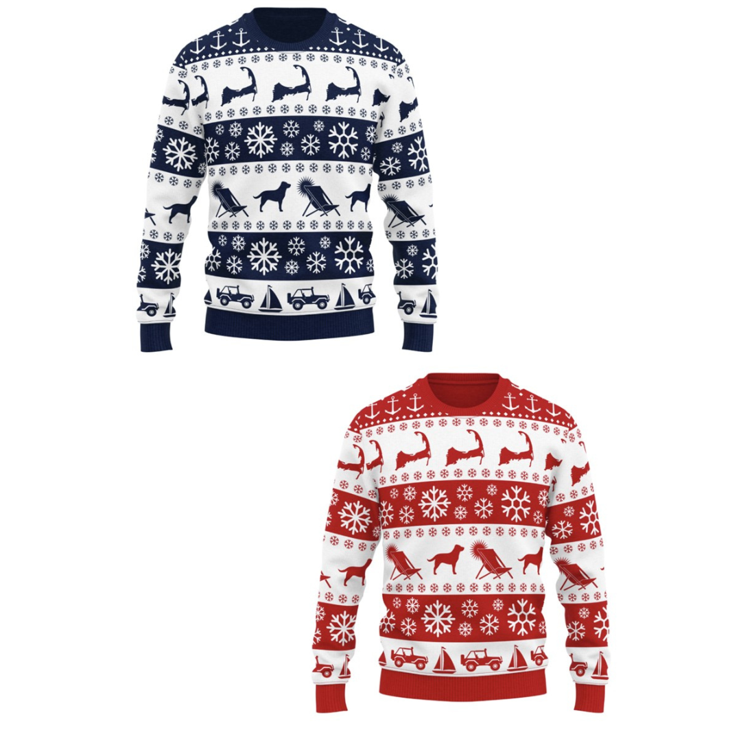 Christmas Sweater with Anchor Cape Cod Labrador Retriever Dog Beach Chair Car Sailboat Snowflake Design and White and Blue and Red and Blue Colorways