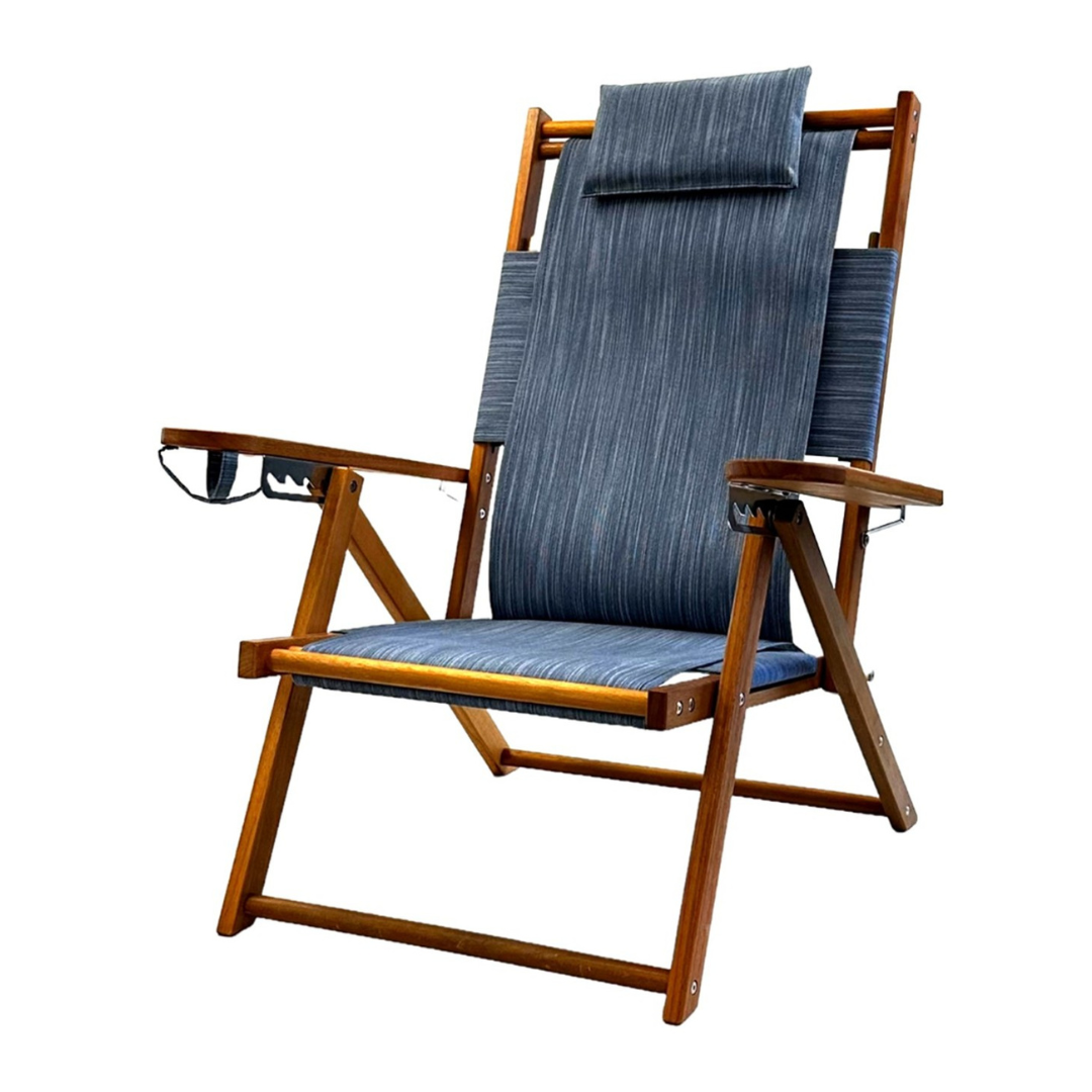 Custom Harbor Blue Wood Beach Chair with Pillow and Cupholder