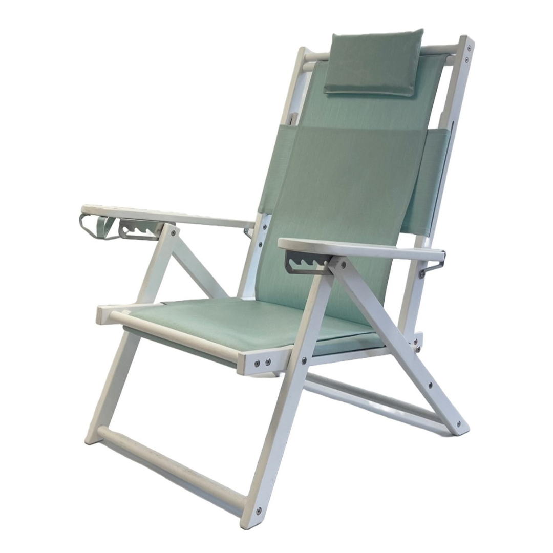 Coastal White Wood Frame Beach Chair with Seafoam Canvas Seat and Cupholder
