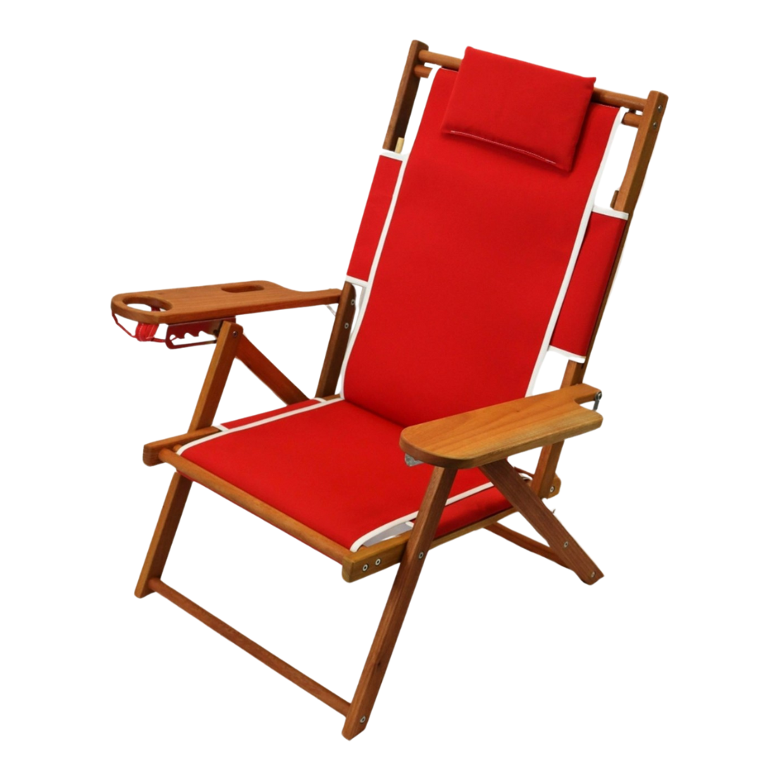 Custom Red Canvas Beach Chair with White Trim and Cupholder