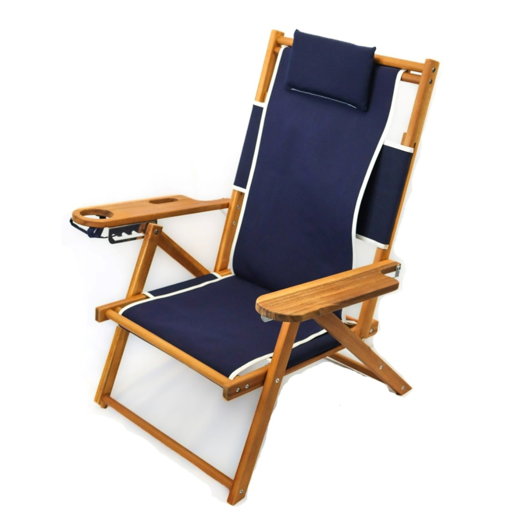 Customizable Navy Blue Wood Beach Chair with White Trimmed Detailing