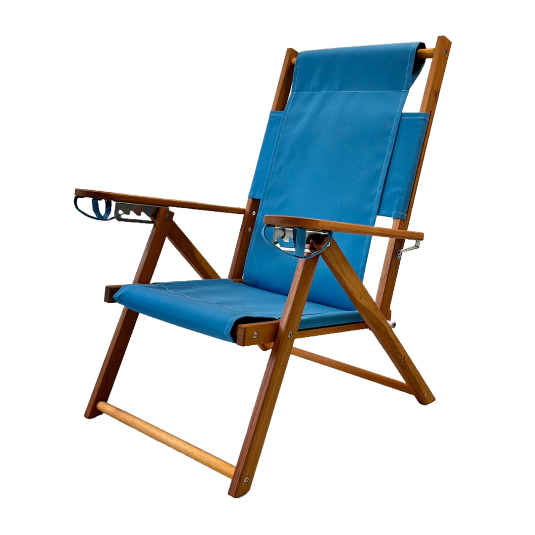 Personalized Light Blue Wood and Canvas Folding Beach Chair with Two Cupholders