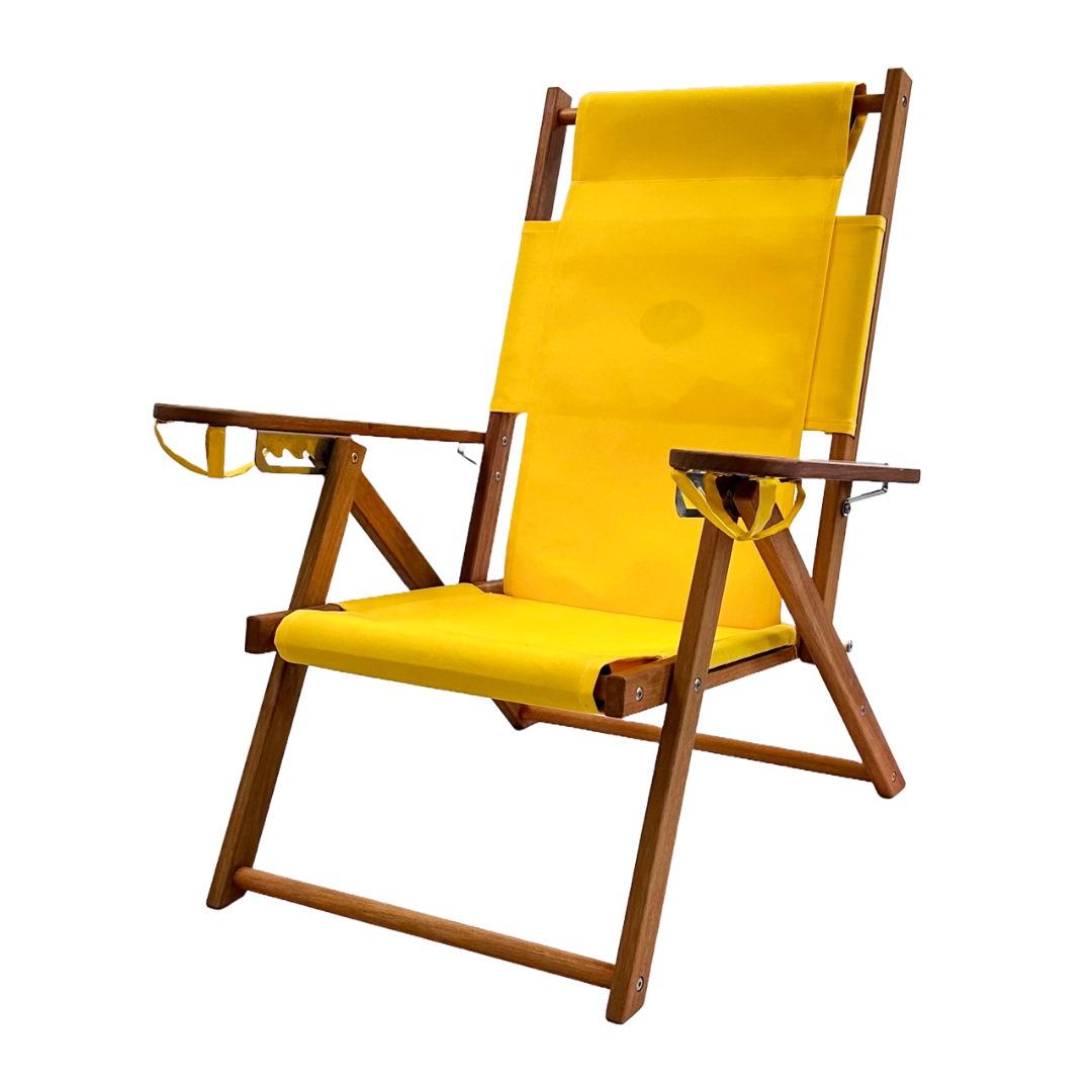Customizable Yellow Wood and Canvas Beach Chair with Two Cupholders