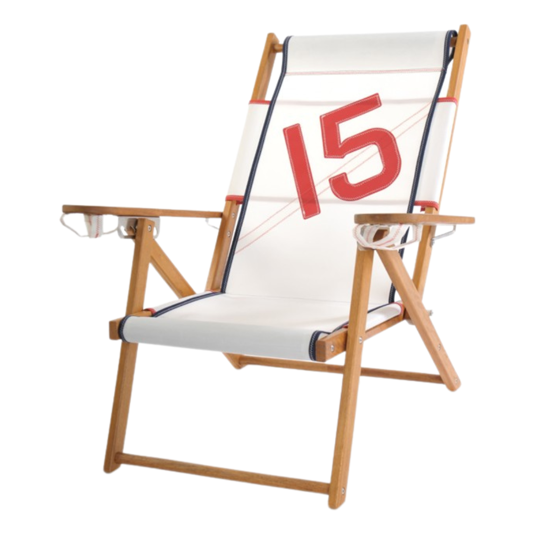 White Sailcloth and Wood Beach Chair with Red and White Detailing and Custom Numbers
