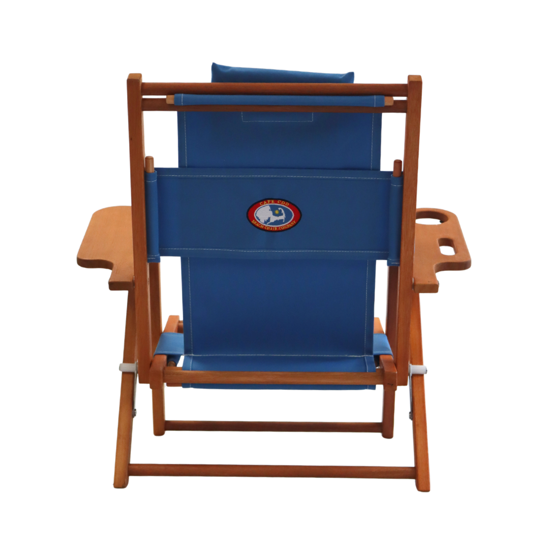 Children's light blue beach chair with wooden frame