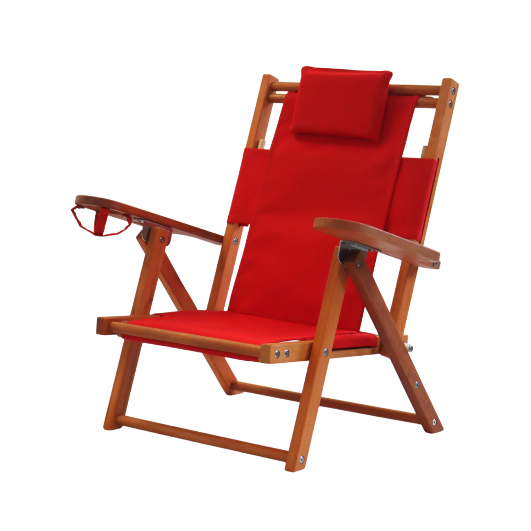 Wooden children's beach chair with red canvas