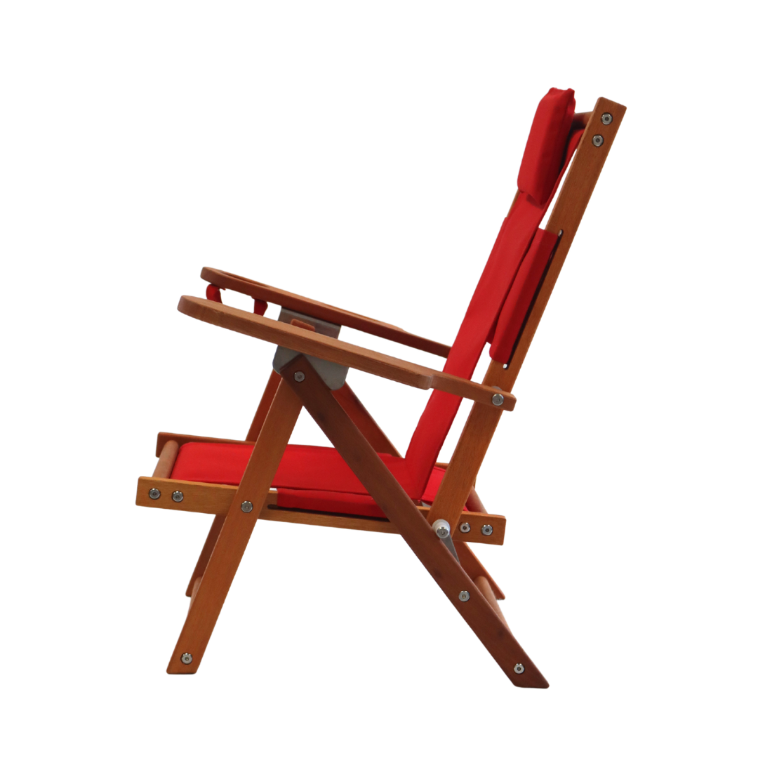 Kid's red folding chair with wooden frame on a white background