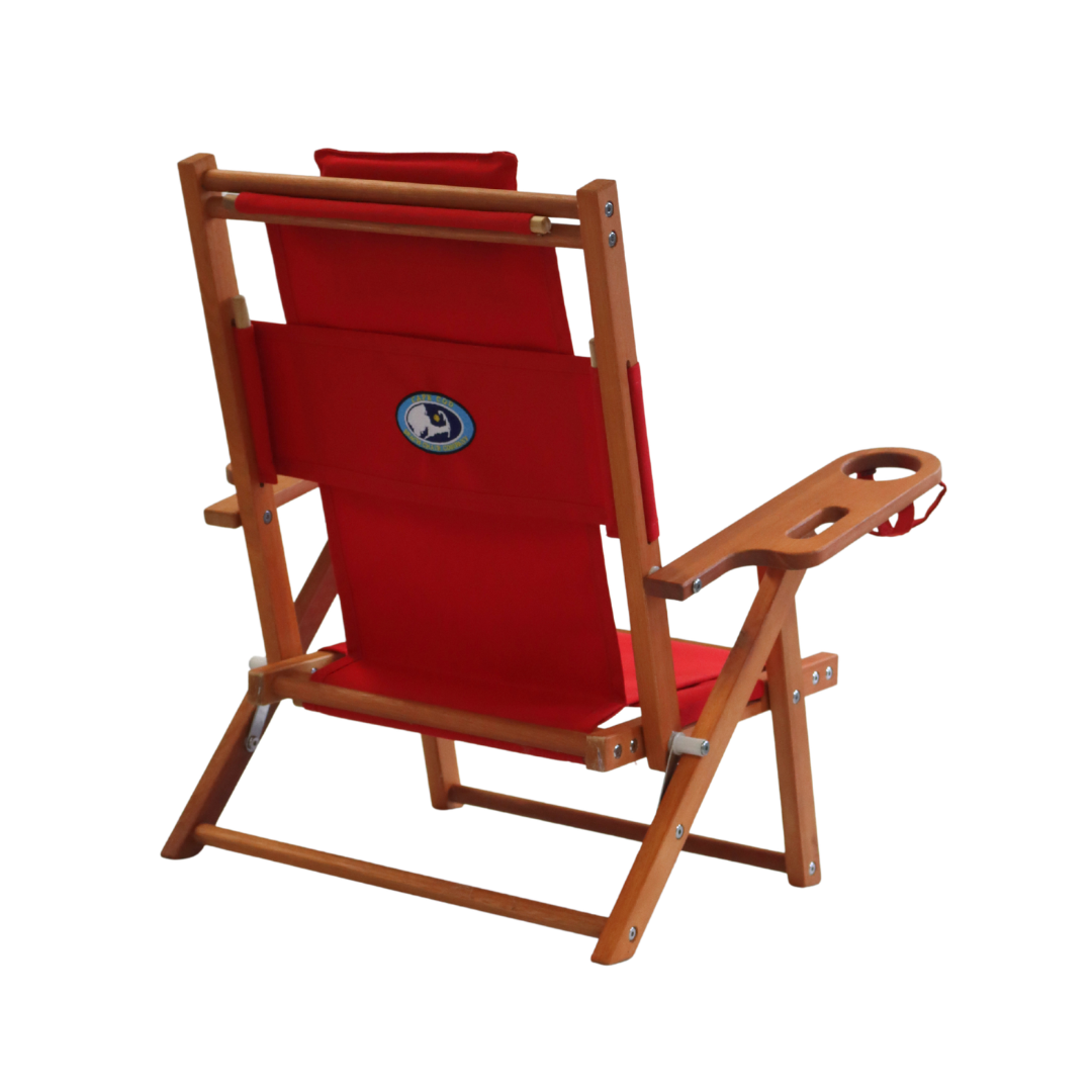Children's red beach chair with wooden frame