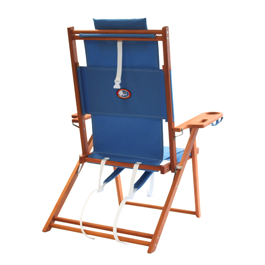 Blue deck chair with wooden frame and backpack straps