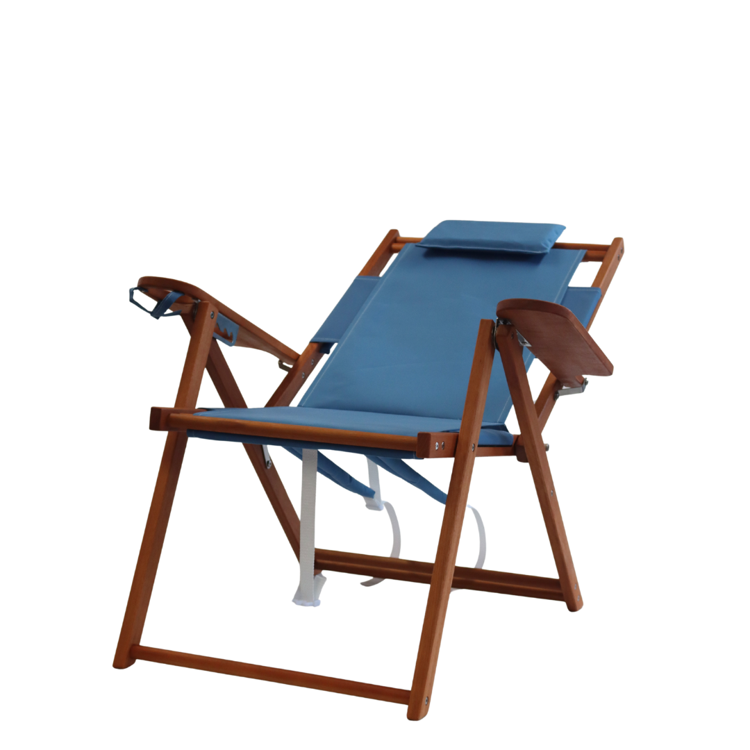 Blue lounge chair with wooden frame and backpack straps
