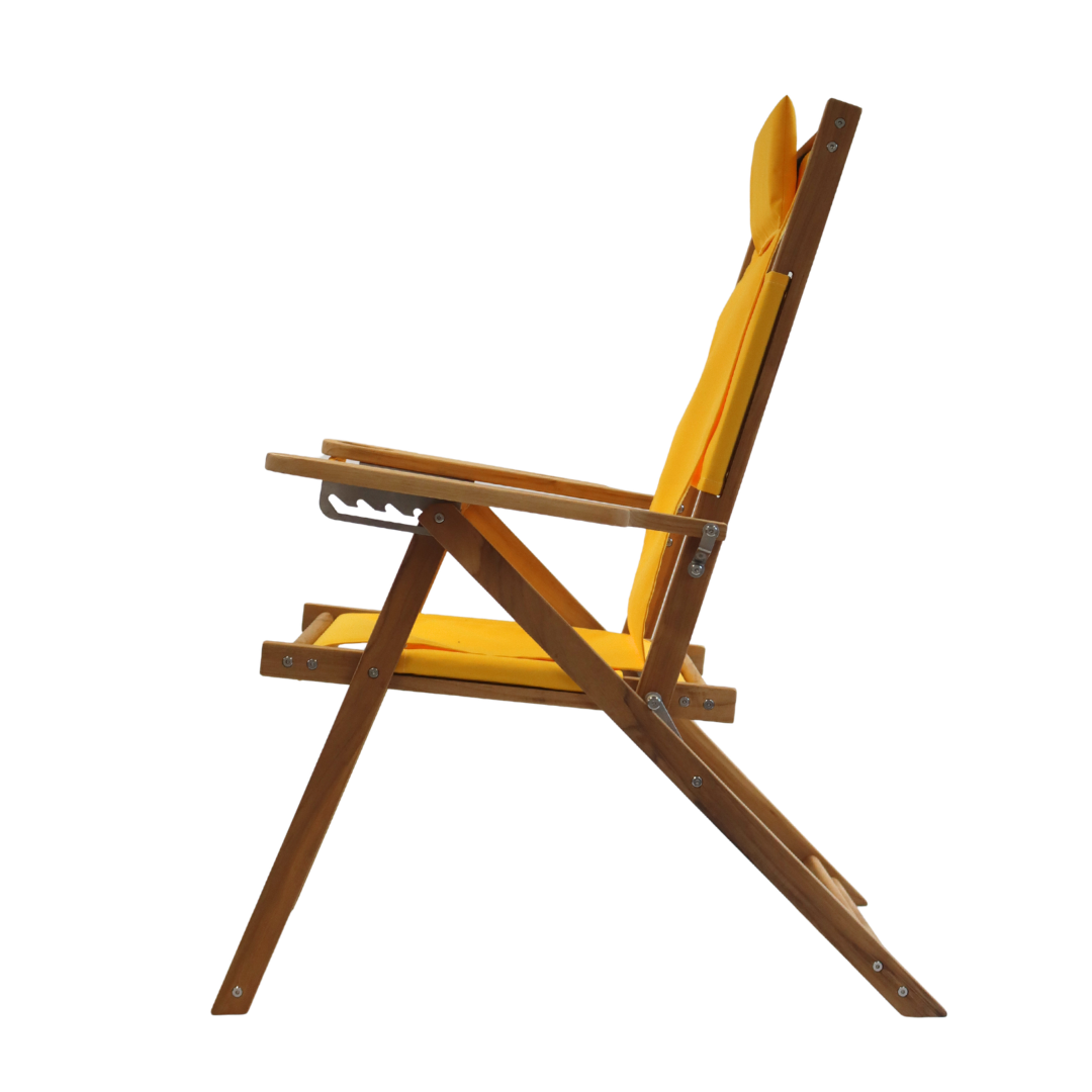 Tall yellow reclining beach chair with canvas seat and wooden frame