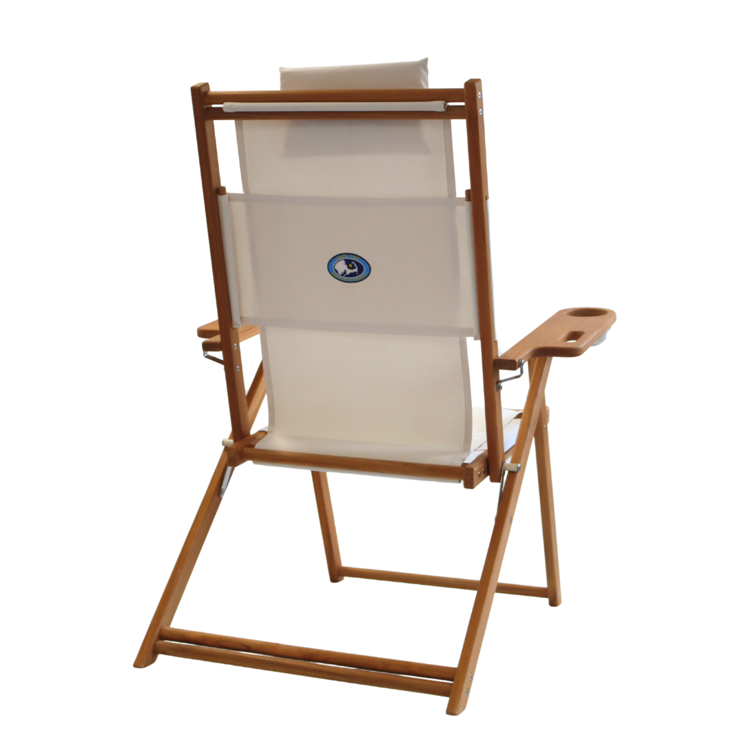 Tall white beach chair with teak frame and cupholder
