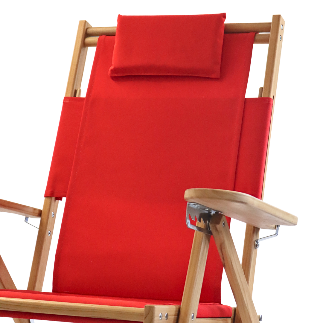 Tall red beach chair with adjustable pillow